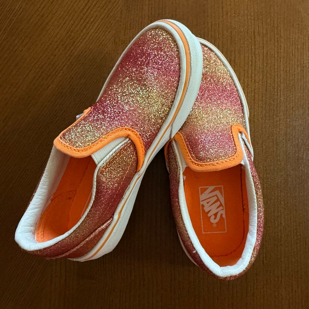 NEW Vans Kids Sunrise Glitter Classic Slip-On Sneakers - Pink and Orange